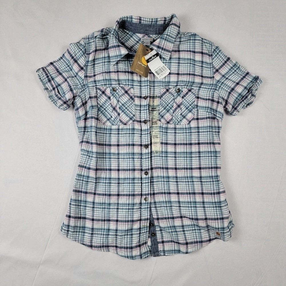 CARHARTT Womens Sz S Blue Pink Plaid Button Up Shirt Short Sleeve Casualwear